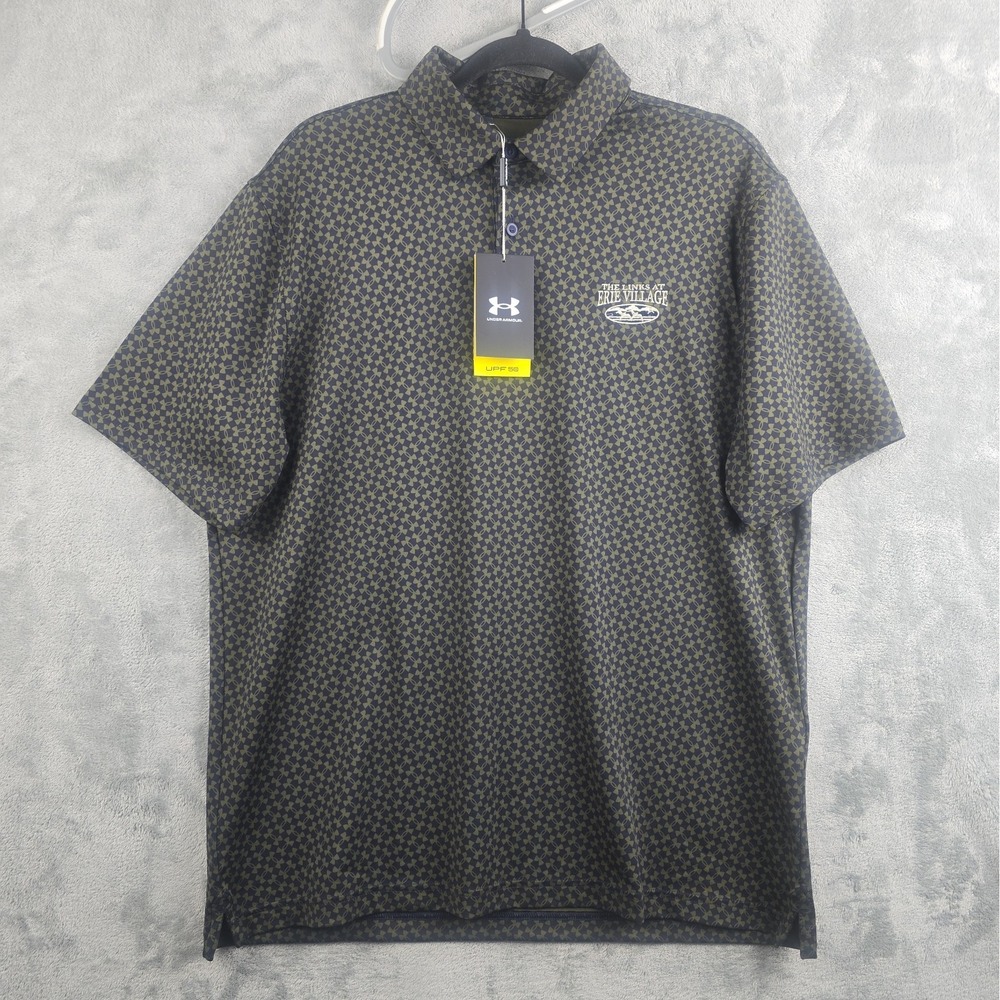 Under Armour Polo Shirt Mens Large Green UA Logo All Over Print Golf UPF 50 NWT